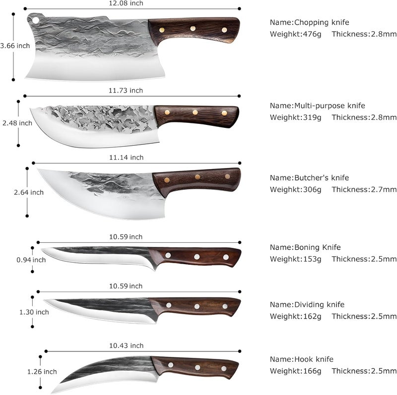 zeng 7 Pieces Butcher Knife Set with Roll Bag, Chef Knife Set for Meat Cleaver Cutting & Viking Knives with Ergonomic Handles, Stainless Steel Hand Forged Kitchen Knife Set for Home, Cooking, Camping - Image 2